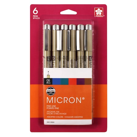 Sakura Pigma Micron Pen Tip 05, 6 pc set assorted colors, 6PK 30065